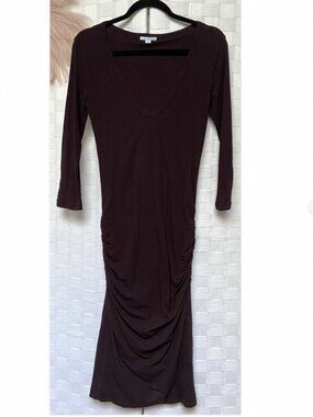 STANDARD James Perse Brown Ruched V Neck Long Sleeve Dress Size 2